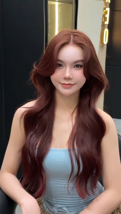 Khách hàng Tony Xèo - tóc uốn đỏ, chụp trước biển hiệu salon